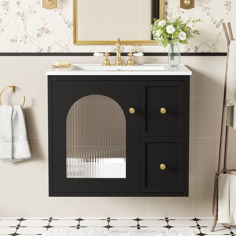 Floating Bathroom Vanity Wall Mounted Translucent Stripe Glass Doors Storage Cabinet with 2 Drawers and Gold Knobs - Black