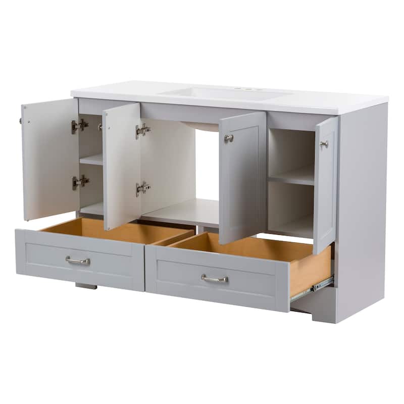 Spring Mill Cabinets Emlyn 48.5" Bathroom Vanity With Shelves, Drawers, and White Sink Top