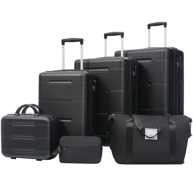 6 Piece Luggage Set, with Double Spinner Wheels Handle Password Lock, 14 IN Cosmetic Case 20/24/28 IN Luggages with Bag - Black