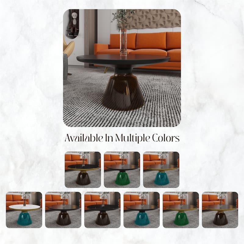 30-Inch Round Coffee Table Glass/Stone Tabletop with Black Iron Rim Frame Glass Pedestal Base