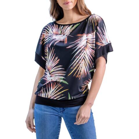 24seven Comfort Apparel Black Palm Leaf Print Wide Sleeve Top, R004214CBL, Made in USA