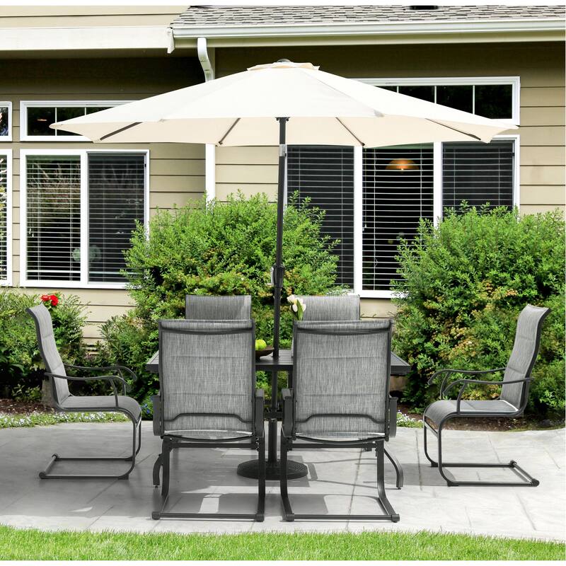 Outdoor Dining Set of 6 with Umbrella Hole, Breathable Textilene and Iron