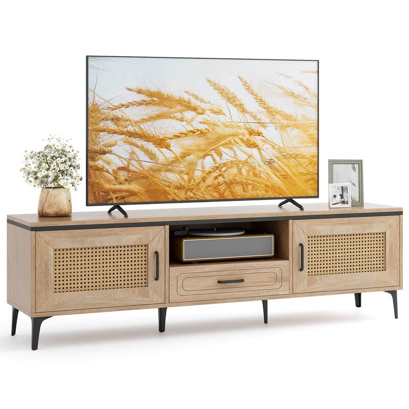 Costway Boho TV Stand for 65 Inch TVs Modern Entertainment Center with - See Details - Oak - See Details