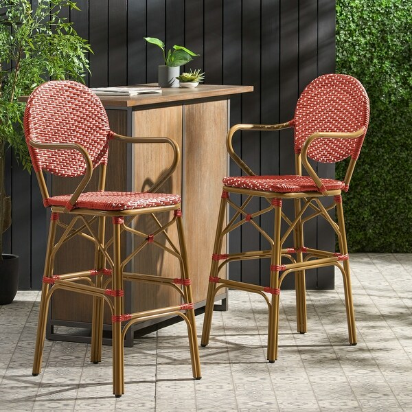 Wicker Barstool Set of 2 with Round Backrest High Chair Cafe