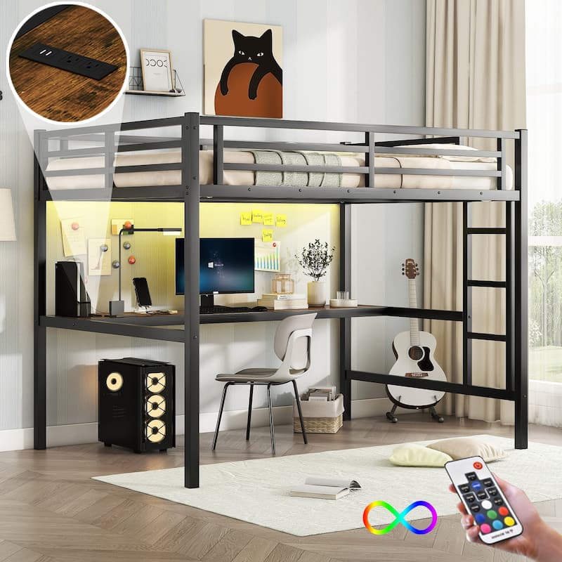 Space-Saving Metal Loft Bed with Desk, USB Charging, and LED Lighting - Black