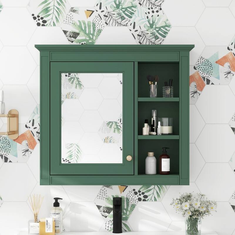 30'' x 28'' Wall Mounted Storage Cabinet for Bathroom,Mirror Cabinet with 3 Open Shelves - Green