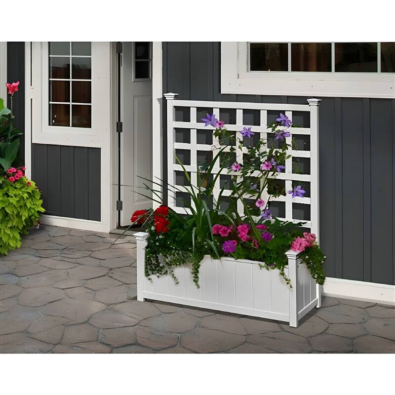White Plastic Rectangular Outdoor Planter Box with Trellis and Drainage Holes - 36” L x 15” W x 48” H