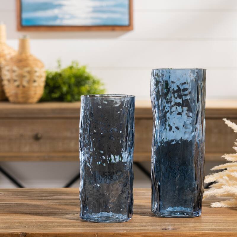 Wavy Glass Cylindrical Vases - 9.75" - Set of 2