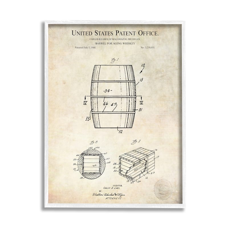 Stupell Whiskey Aging Barrel Liquor Diagram Patent Design Framed Wall Art - Beige - 16 x 20 - White