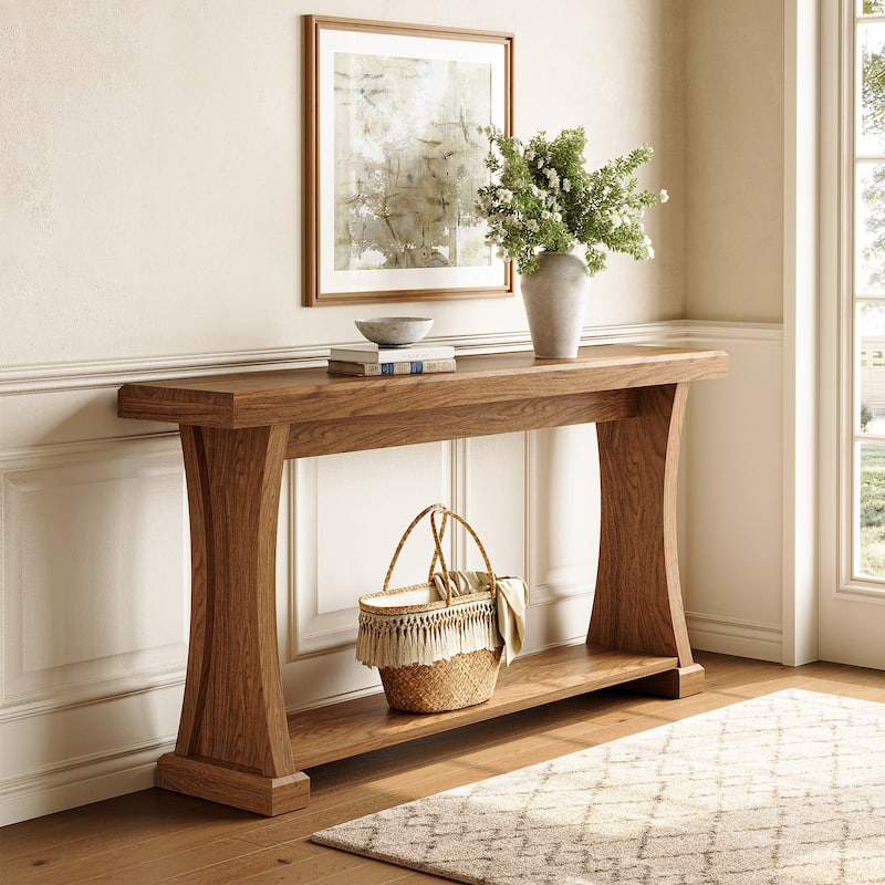 2 Tier Narrow Console Table, 63'' Long Entryway Table with Storage Shelf
