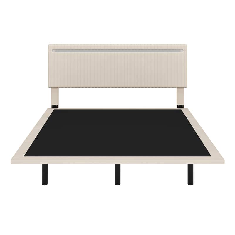 Floating Bed Upholstered Frame Velvet Fabric Platform Bed Adjustable Wingback Bed, Lights on Headboard, Sensor Lights Underbed