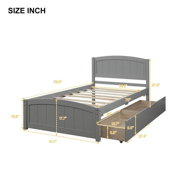 Twin Size Platform Bed with Built-In Storage Drawers Solid Wood Frame with Slatted Support