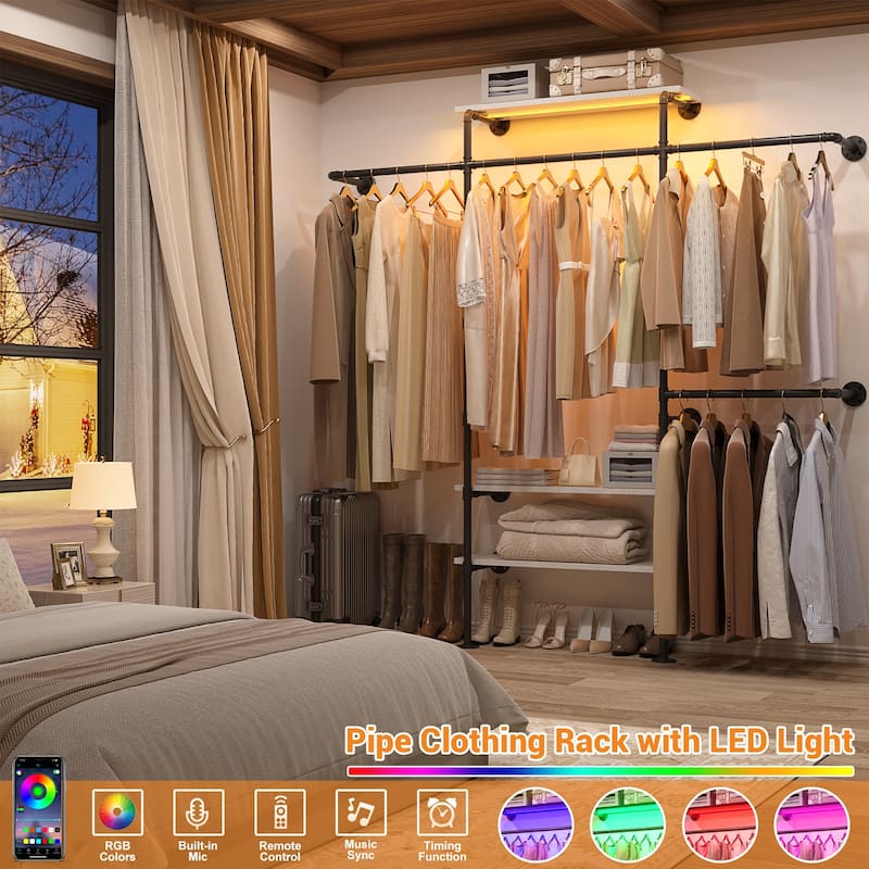 87"W Industrial Pipe Clothing Racks with LED Lights & Open Shelves,Reversible Walk-in Closet Oraganizer System Garment Racks