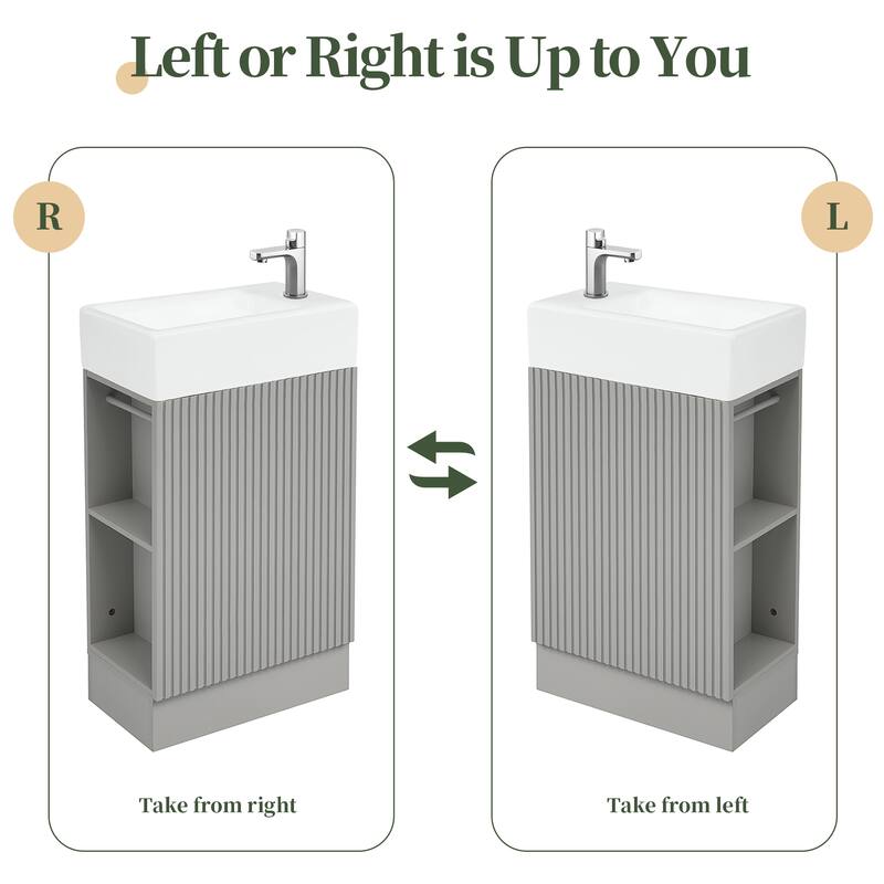 Grey 18.6" Bathroom Vanity with Undermount Sink, Two-Tier Shelf, Cabinet, and Toilet Paper Holder, Left or Right Install
