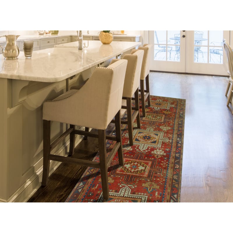 Fine Vintage Distressed Sandy Red/Navy Runner - 3'5" x 10'7"