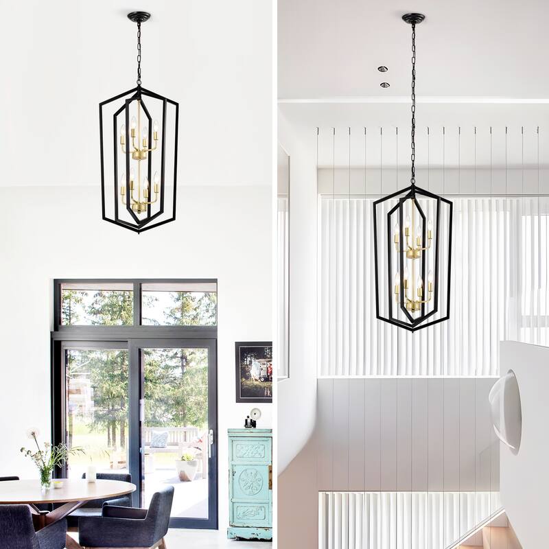 8-Light Black and Gold Lantern Chandelier, Adjustable Ceiling Pendant Light for Dining Room, Kitchen, Living Room, Entryway