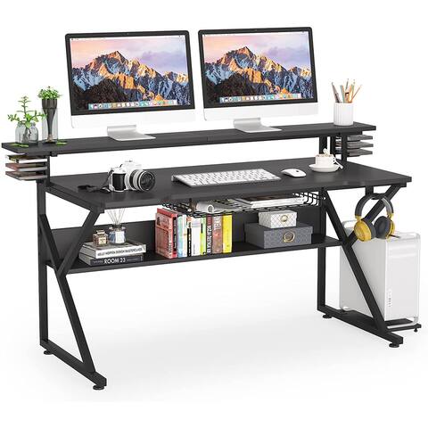47 inche Computer Desk with Storage Shelf and Monitors Shelf, Computer Desk Gamer Desk