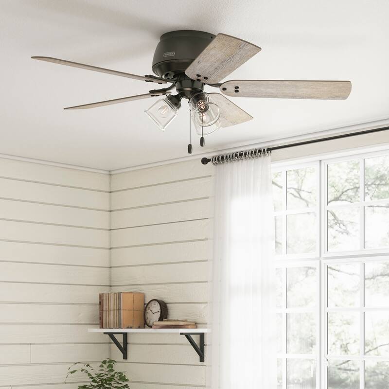 Hunter 52" Shady Grove Ceiling Fan with LED Light Kit/ Pull Chain, Standard or Flush Mount - Casual, Transitional - Flush Mount - Noble Bronze