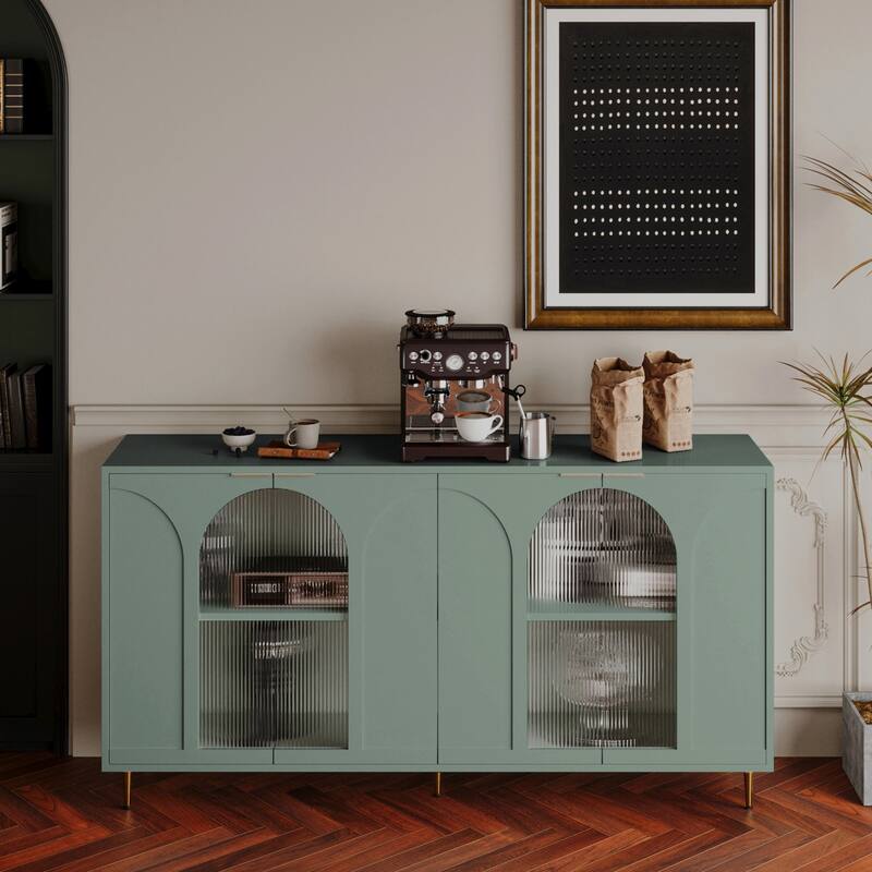 59.8" Mint Green Lacquered Wooden Cabinet with 4 Glass Doors - 59.8 inches L x 15.7 inches W x 33.7 inches H