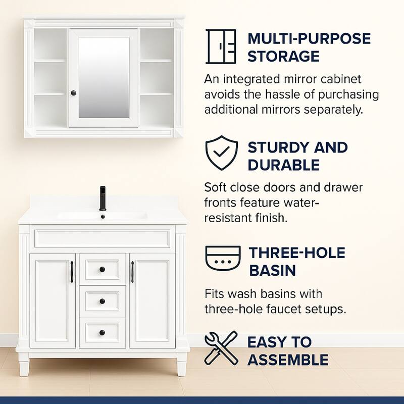 30" Ceramic Sink Bathroom Vanity with Gold Handles, Soft-Close Storage & Space-Saving Design