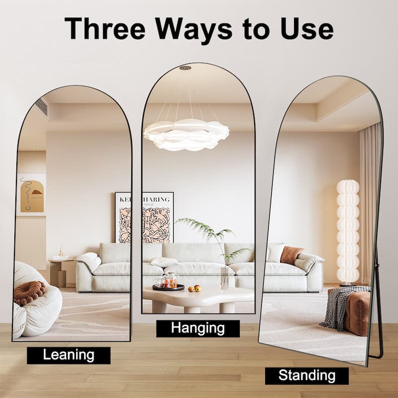 Modern Arched Full-Length Wood Floor Standing Mirror