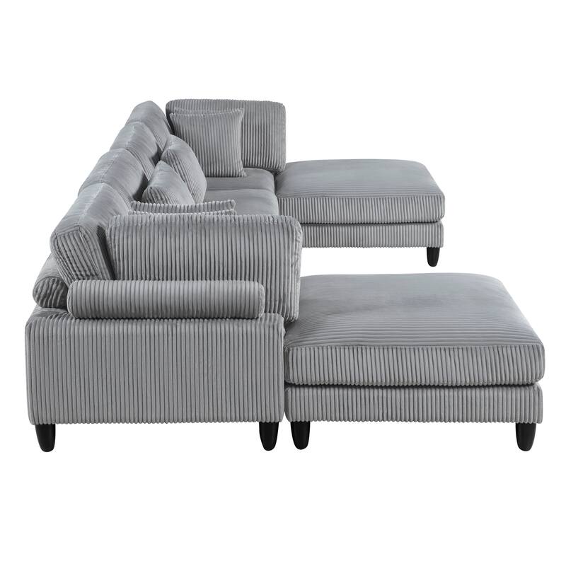 6pc Gray Corduroy Modular Sectional Set - 2 Armless Chairs, 2 Corner Seats, 2 Ottomans with Pillows