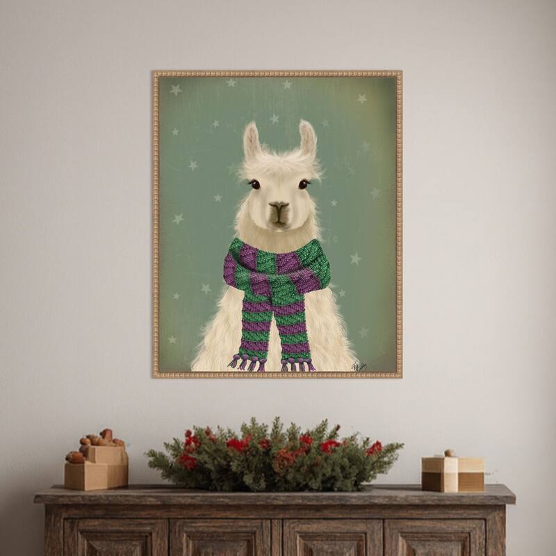 Llama with Purple Scarf, Portrait by Fab Funky (23 x 28 in.), Framed Canvas Wall Art Print - Sylvie Beaded Rustic Natural