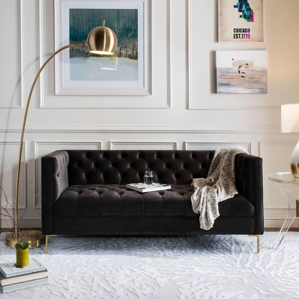 Shop Safavieh Couture Vydia Velvet Tufted Sofa Dark Grey Gold