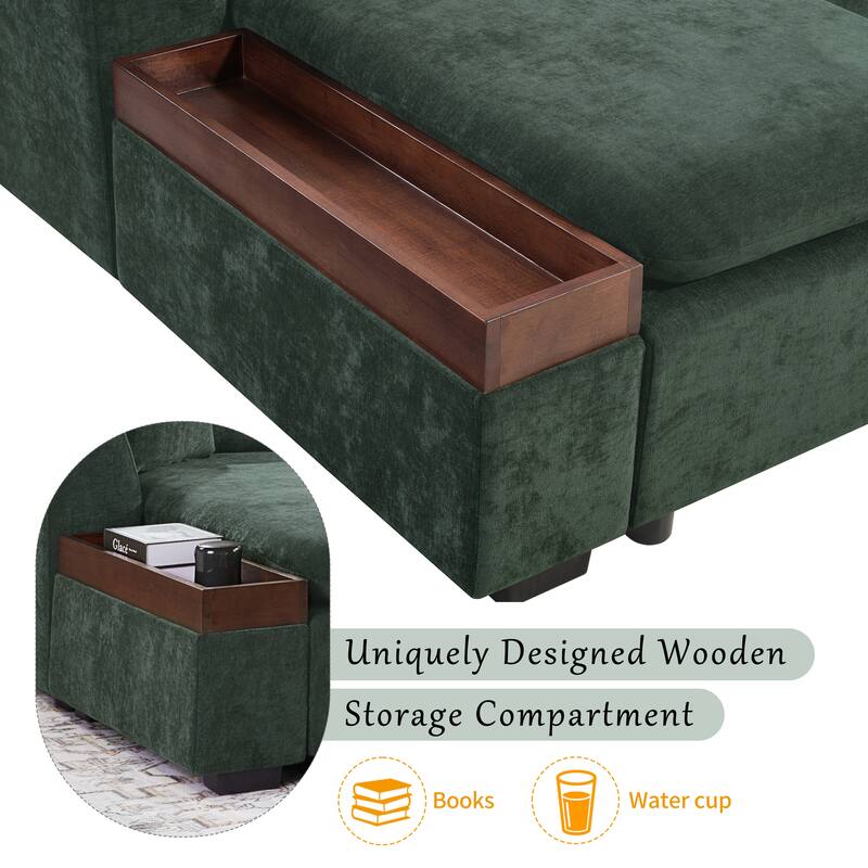 Modern L-Shaped Chenille Sectional Sofa with Wooden Storage Compartment and Matching Pillows for Living Room