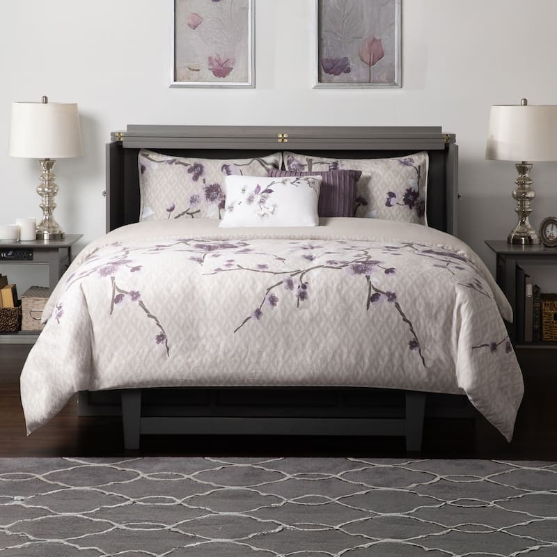 Deerfield Queen Murphy Bed Chest with 6" Mattress, Storage Drawer & Built-In Charger in Grey