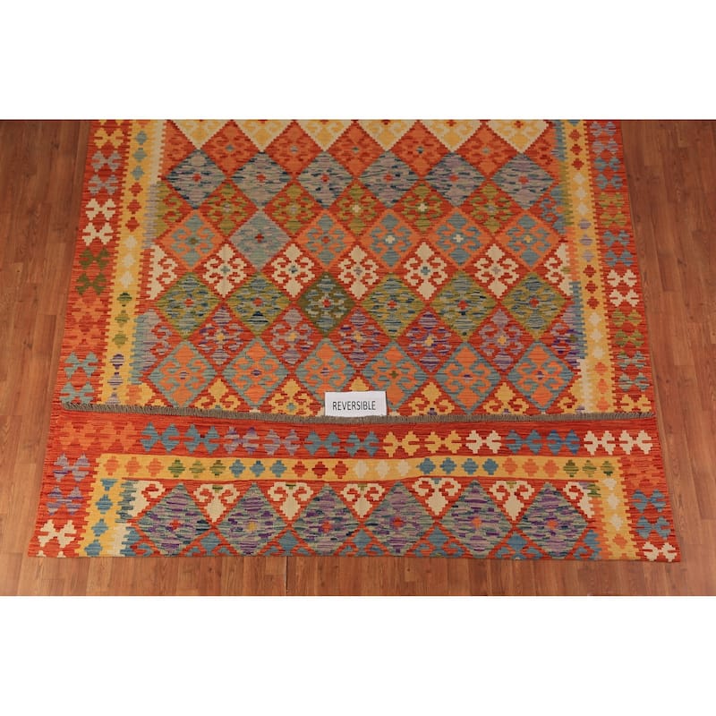 Trellis Geometric Kilim Oriental Area Rug Hand-Woven Wool Carpet - 8'4"x 10'10"