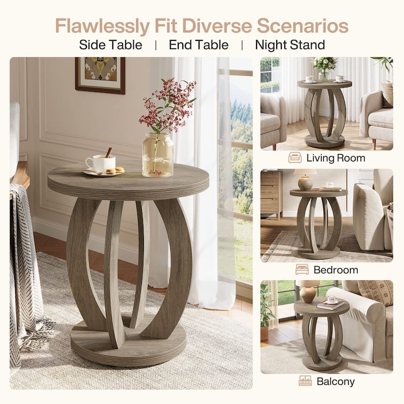 Round Side Table with Storage, Farmhouse End Table for Living Room Small Space