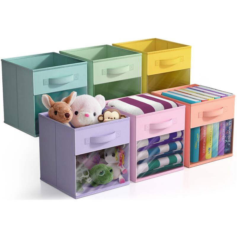 Sorbus Storage Bins with Clear Window - 6-Pack Foldable Baskets - 10.5" L x 10.5" W x 11" H - Rainbow Pastel