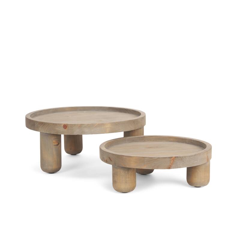 HomeRoots Set of Two Gray And Natural Solid Wood Handmade Round Risers - 13.25 in. x 5.75 in. x 13.25 in.