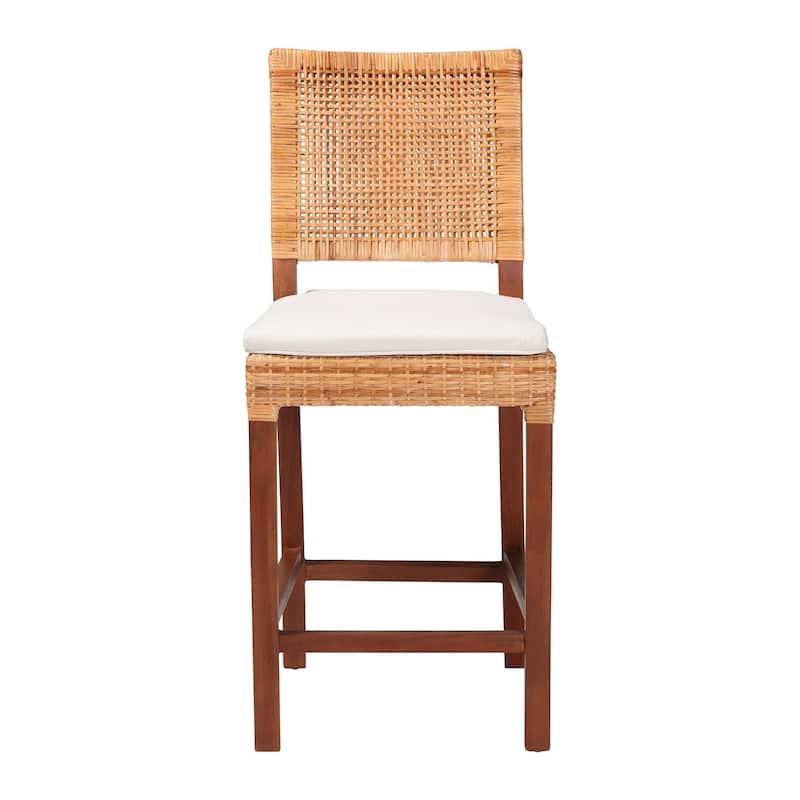 Lesia Natural Rattan Counter Stool with Cushion - Handwoven Wicker Stool with Mahogany Wood Frame, Coastal Boho Style