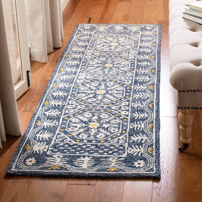 SAFAVIEH Handmade Micro-Loop Nural Wool Rug - 2'3" x 7' Runner - Blue/Ivory