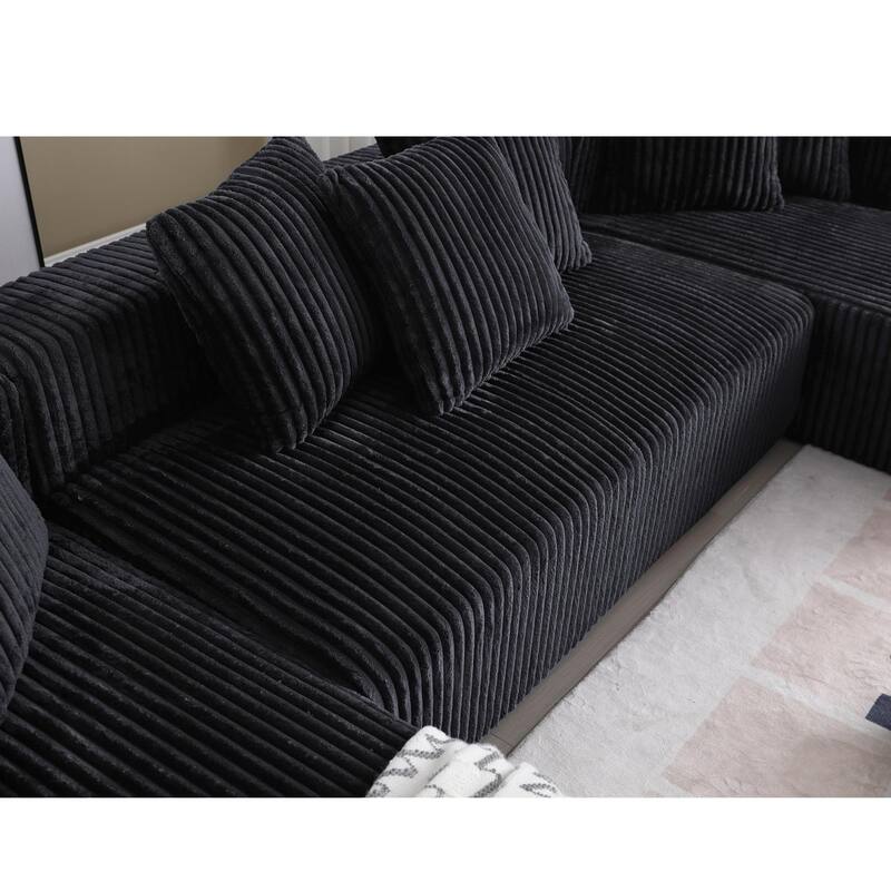 131'' Modular U-shaped Striped Corduroy 4 Seater Sofa, Black