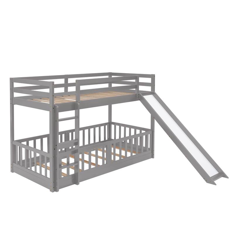 Twin Over Twin Bunk Bed with Slide and Convertible Ladder, Space-Saving Design
