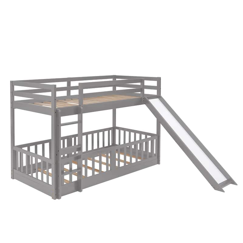 Twin Over Twin Bunk Bed with Slide and Ladder, Gray