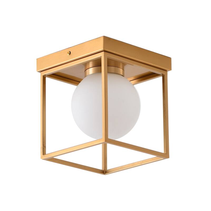 1-Light Brass Flush Mount With A White Glass Shade