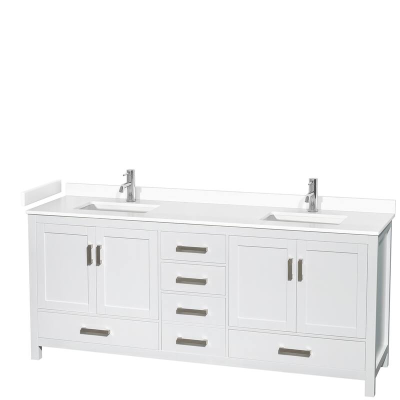 Sheffield Double Bathroom Vanity Set, Cultured Top, No Mirror - 80-Inch Double - White, White Cultured Marble Top, Chrome Trim