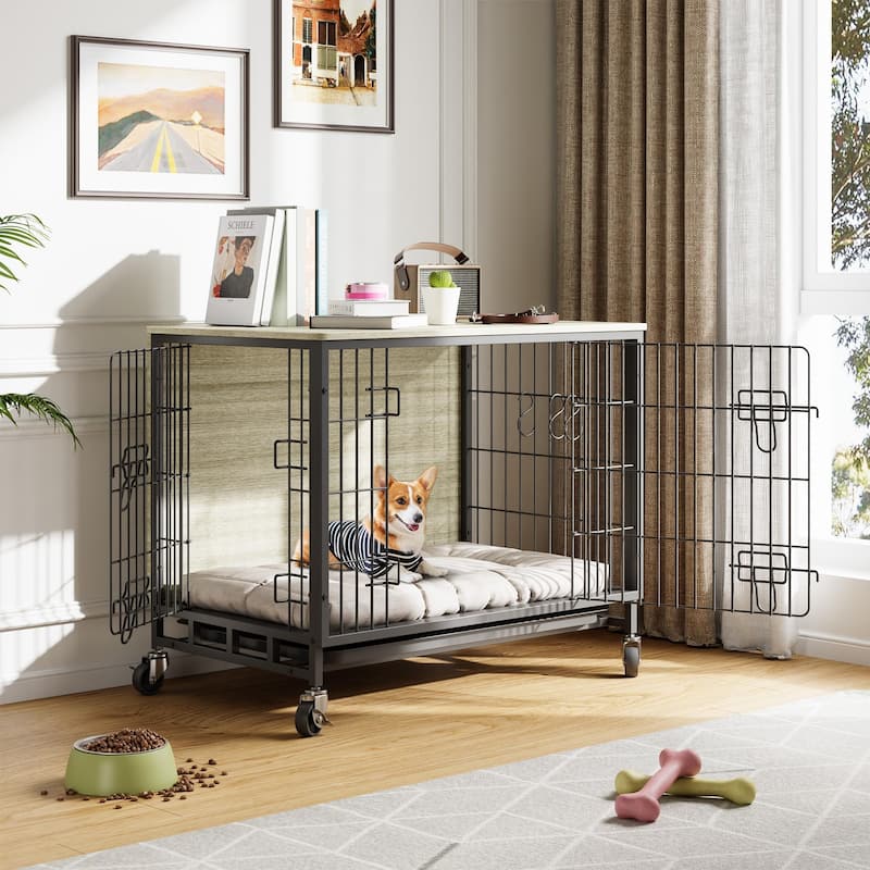 Dog Crate Furniture with Wheels, Indoor Kennel Table for Medium Dogs