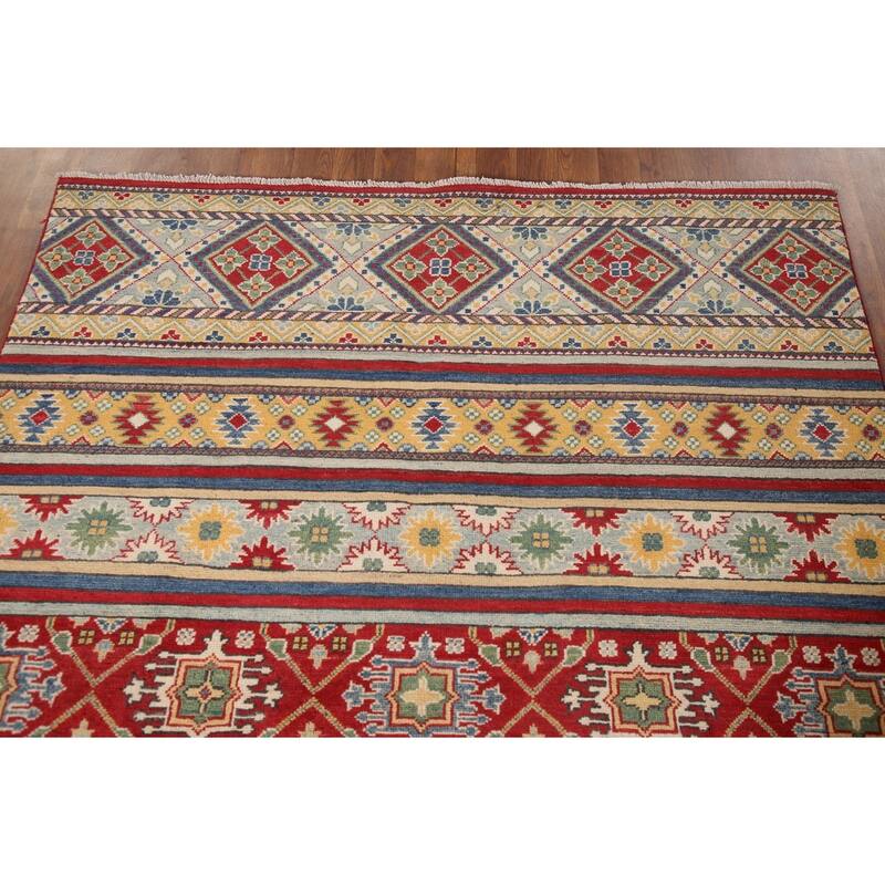 Striped Geometric Kazak Area Rug Hand-Knotted Wool Carpet - 4'11" x 6'7"