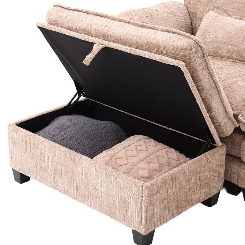 Modern Chenille Chaise Couch L-shaped Sectional Sofa with Storage Ottoman, Phone Holder, USB/Type-C Ports and Side Pockets