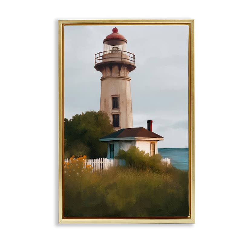 Stupell Scenic Summer Lighthouse View Framed Floater Canvas Wall Art Design By Elizabeth Medley - 21 x 31 - Gold
