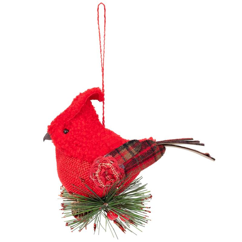 13" Red and Green Plaid Cardinal on Holly Berries Christmas Ornament