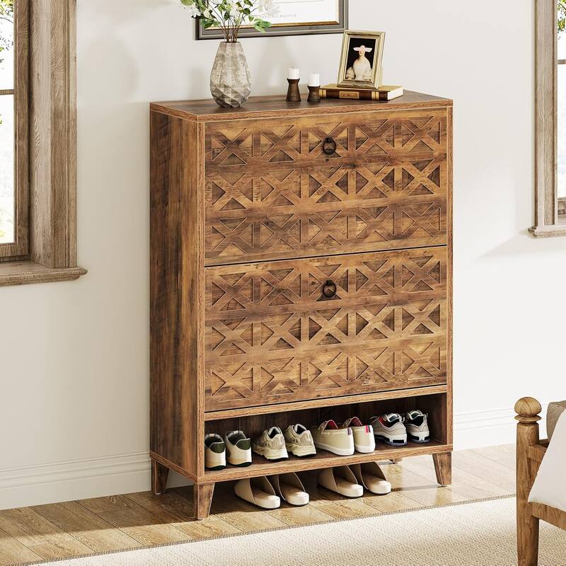 Narrow Hidden Shoe Storage Cabinet with 2 Flip Drawers