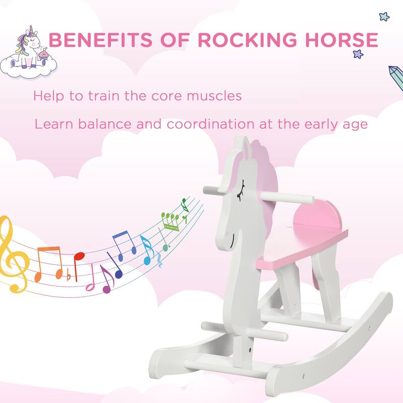 Qaba Wooden Rocking Horse, Baby Rocking Chair, for Toddlers 1-3, Kids Ride on Horse for Boys and Girls, Pink and White