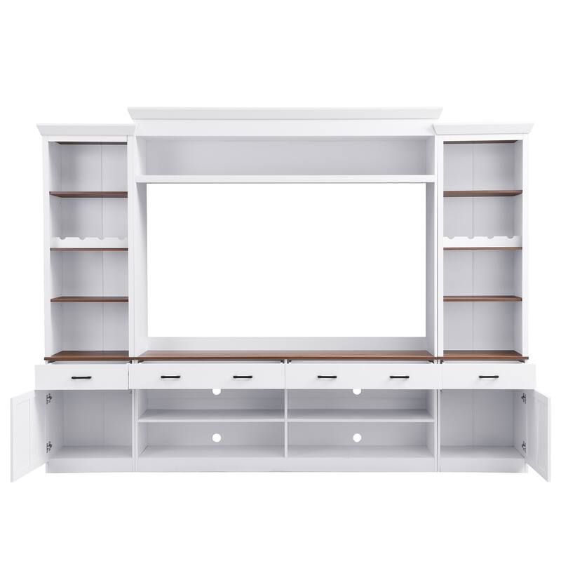 Farmhouse 4-Piece Entertainment Center with Bookshelf for TVs Up to 70", Walnut TV Stand with Adjustable Shelves