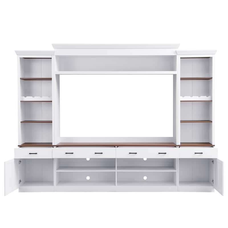 Roomfitters Mid-Century 4-Piece Entertainment Wall Unit with Bookshelves, TV Stand for TVs up to 70" withShelves and Wine Rack